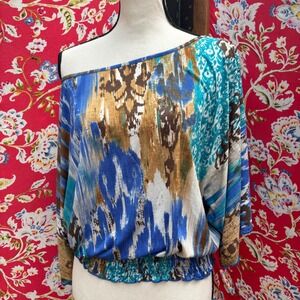2000's Rampage Blue Brown Abstract Kimono Sleeve Whimsy Bohemian Chic Top Size L